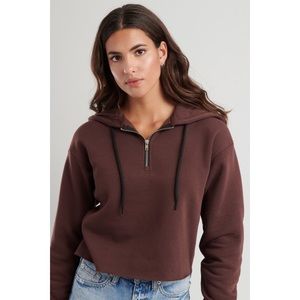 Garage Half Zipped Cropped Brown Hoodie